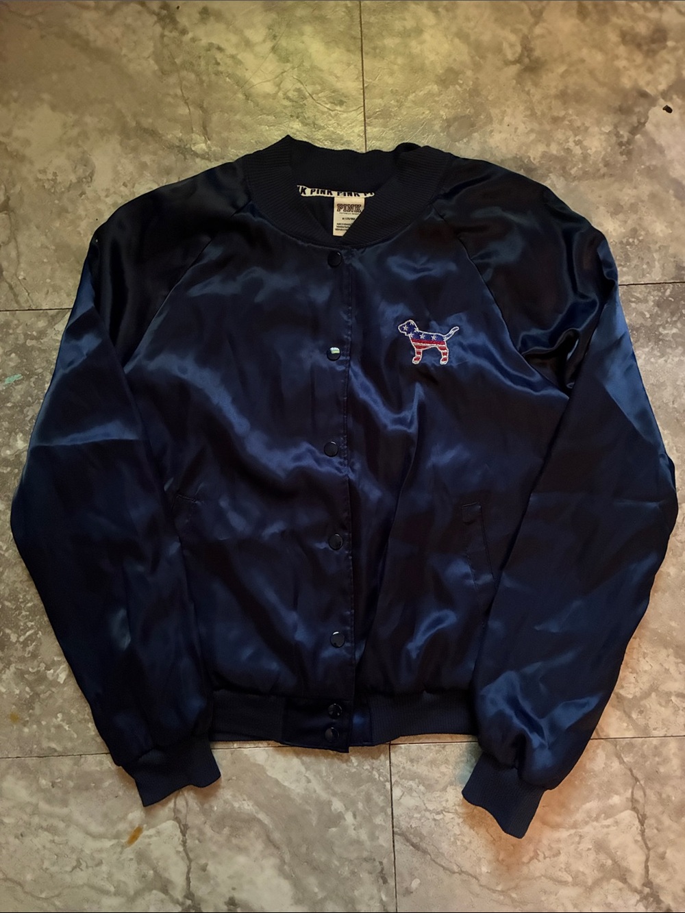 PINK Victoria's Secret Navy Satin Bomber Jacket with Dog Patch